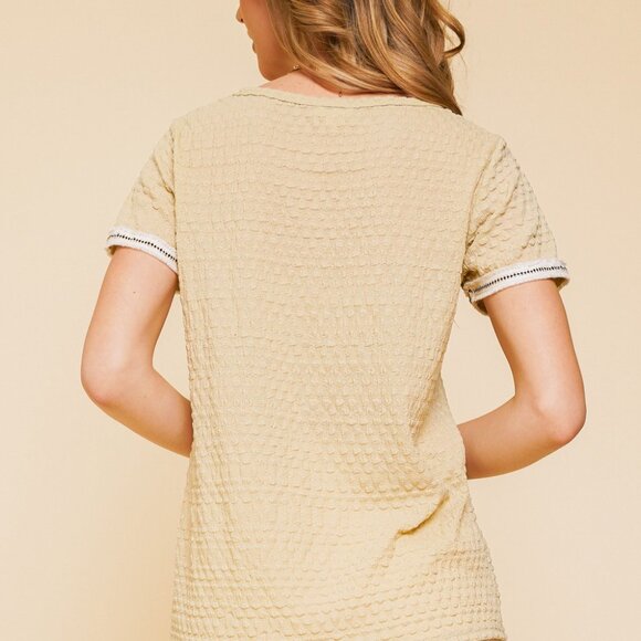 HEM & THREAD Light Green Textured Short Sleeve Top, Honeycomb Knit Blouse - Picture 2 of 5